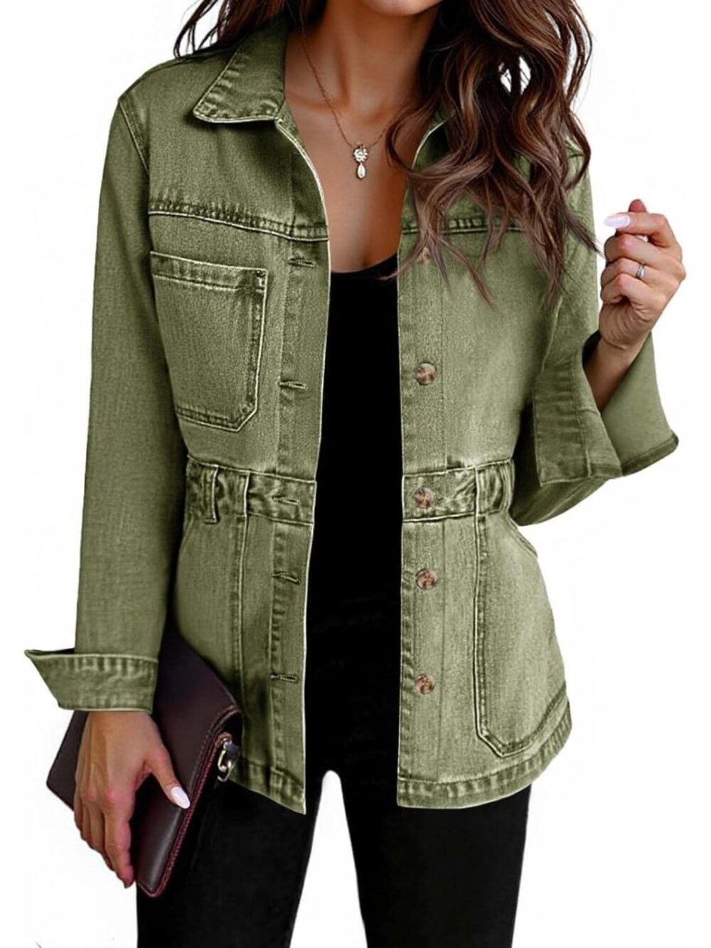 Women's Green Denim Distressed Jean Jacket Oversized Button Down Front Jacket